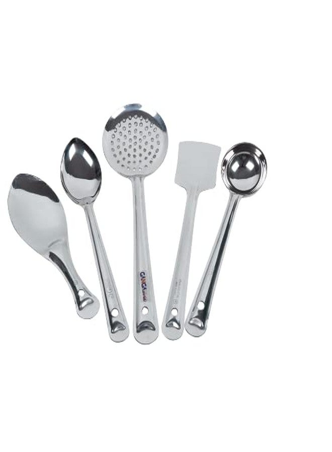 GANGAMETAL طقم ملاعق جانجاميتال مكون من 5 قطع للمطبخ | طقم ملاعق تقديم | أدوات مطبخ للطبخ المنزلي | ملعقة كبيرة، مغرفة، مغرفة، ملعقة تقليب مرنة، ملعقة أرز | لون فضي - Image 1